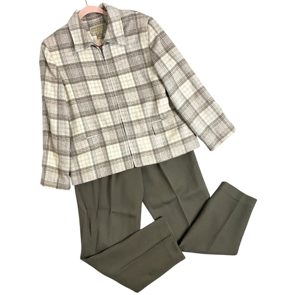 Vintage Jones New York Country Wool Pant Suit 8/10 Gray Plaid Olive Slacks Y2K